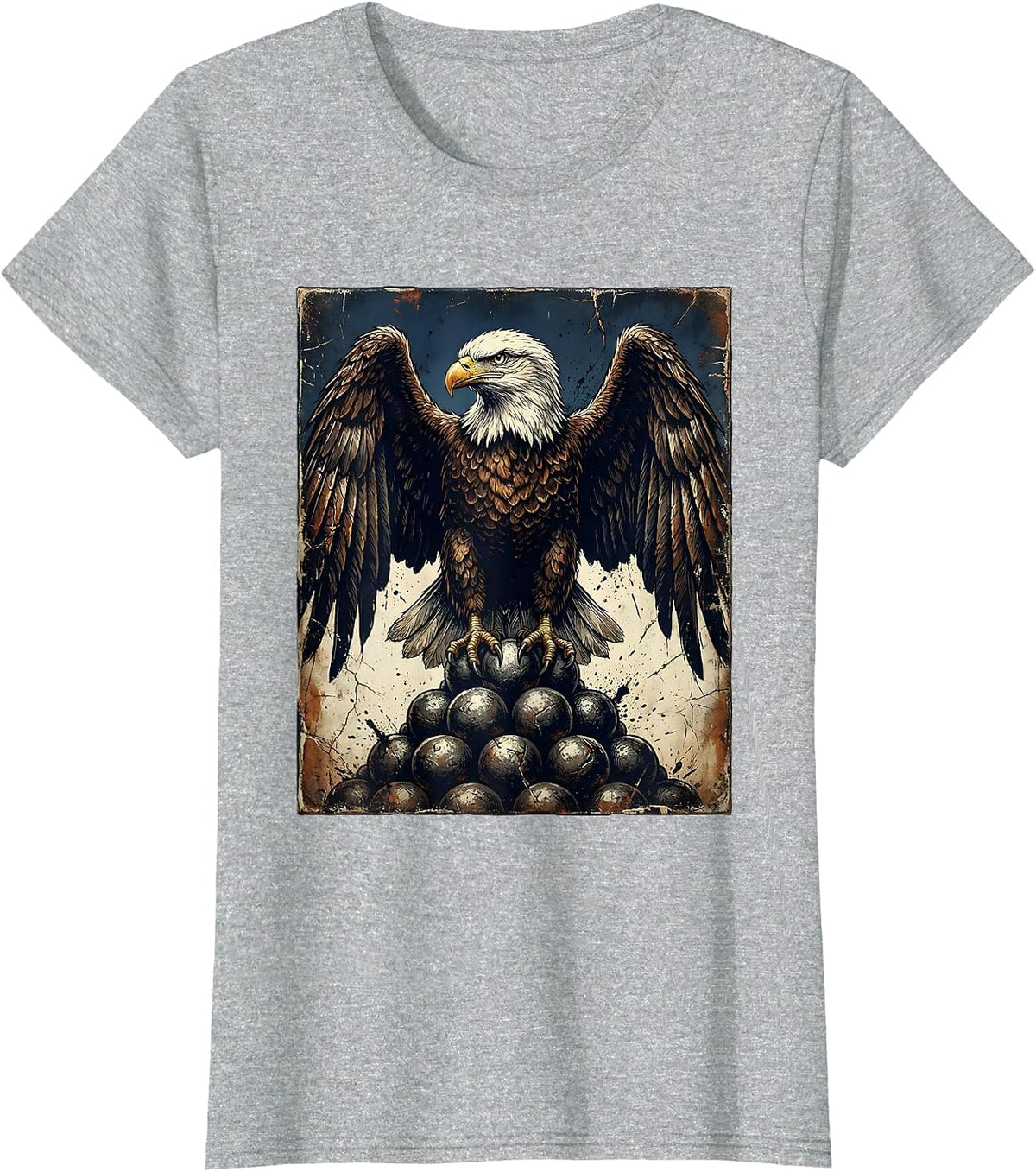 Eagle and Cannonballs 1776 Patriotic Illustration T-Shirt - Heather Grey
