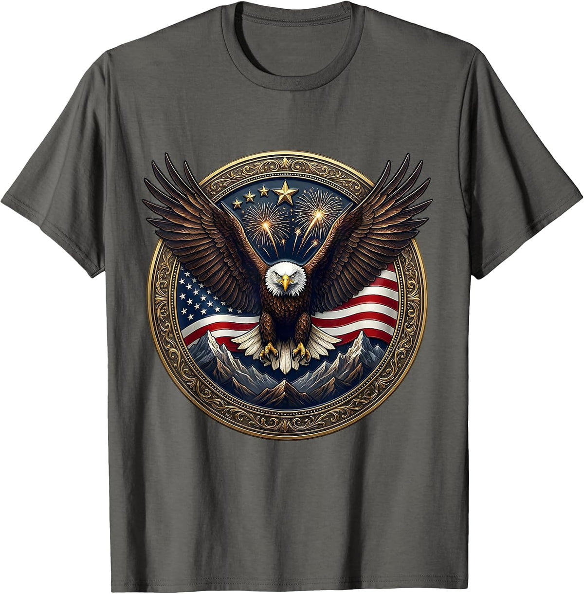 Men's Red White and Blue Bald Eagle Mountain Peak T-Shirt - Asphalt Grey