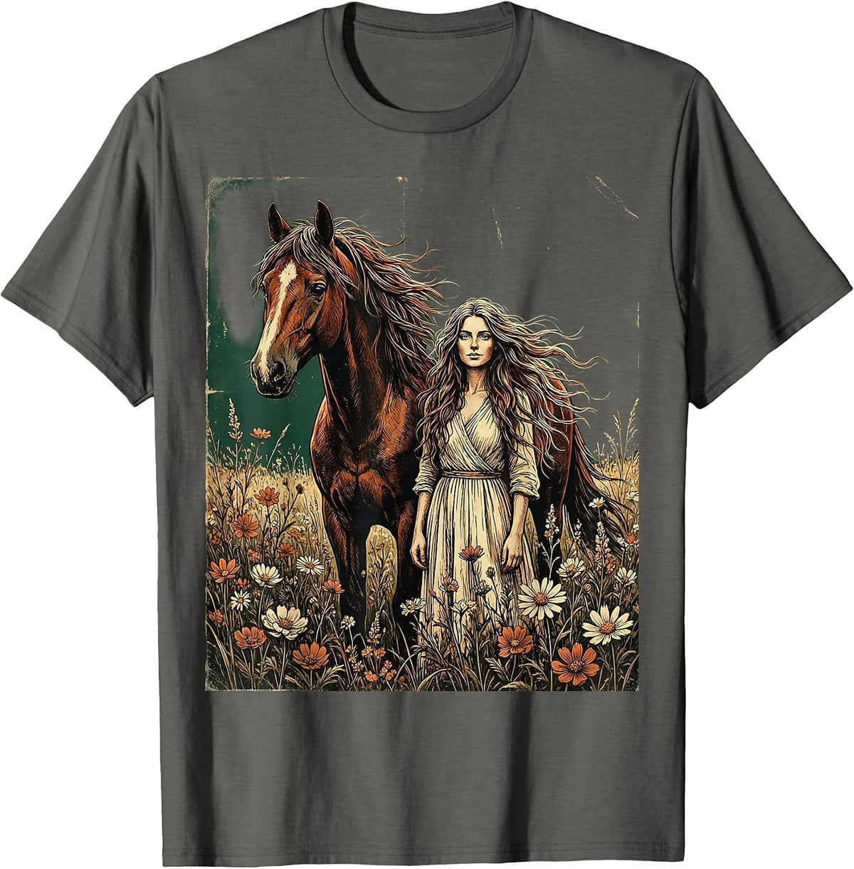 Woman and Horse Wildflower Field Illustration T-Shirt - Asphalt Grey