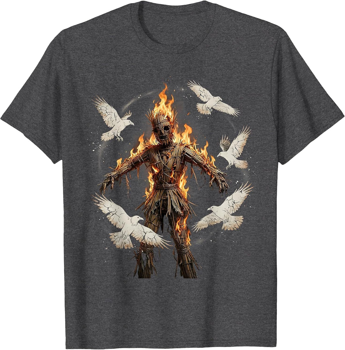 Burning Effigy and Ravens Dark Horror Graphic T-Shirt - Dark Heather Grey