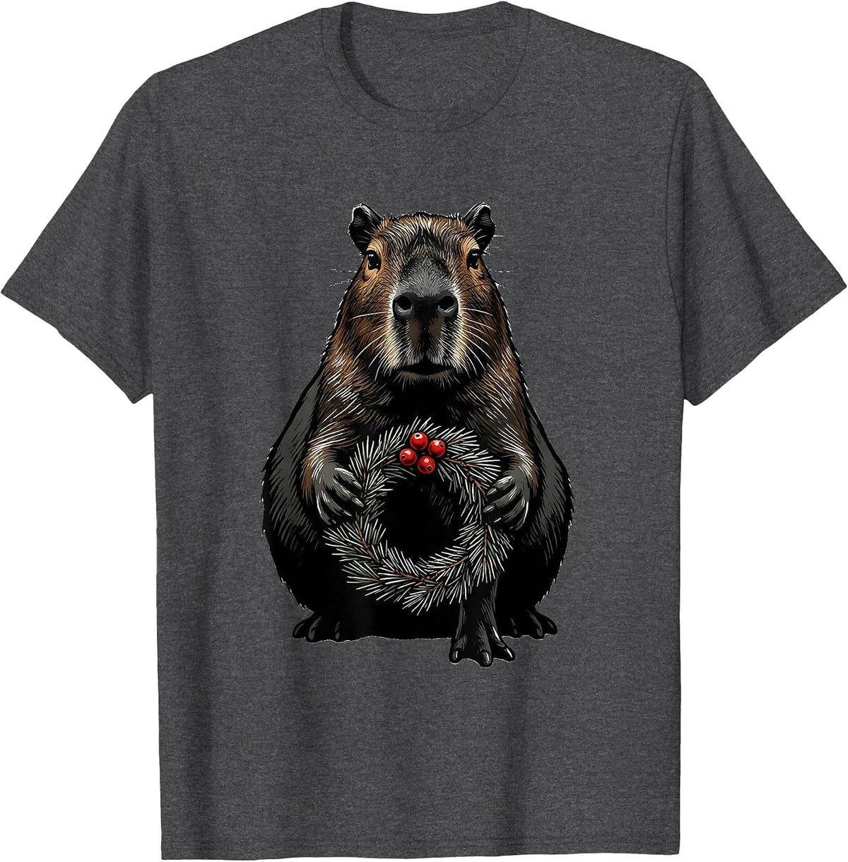 Men's Capybara Christmas Wreath Animal Lover Humor T-Shirt - Dark Heather Grey