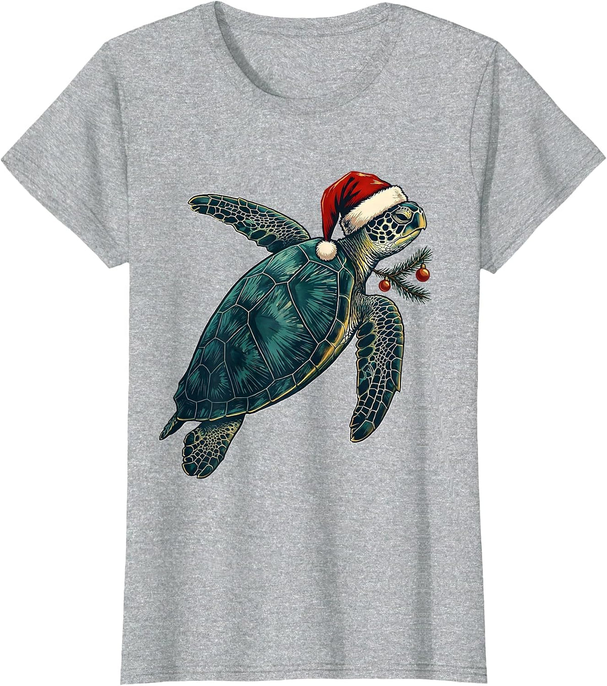 Sea Turtle Santa Hat Linocut Holiday Novelty T-Shirt - Heather Grey