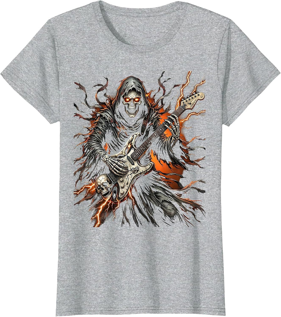 Grim Reaper Electric Guitar Halloween Design T-Shirt - Heather Grey