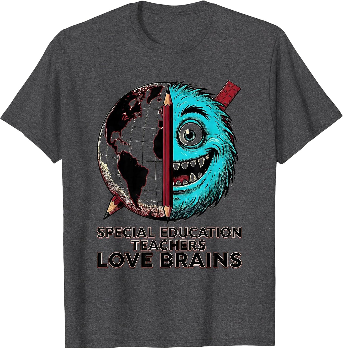 Men's Special Education Teachers Love Brains Wood Type Halloween T-Shirt - Dark Heather Grey