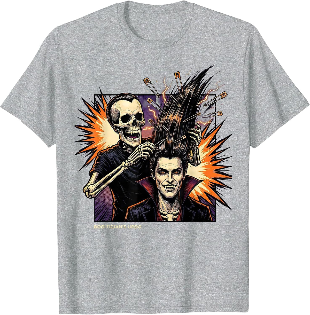 Men's Boo-Tician's Updo Comic Book Skeleton Hairstylist Halloween T-Shirt - Heather Grey
