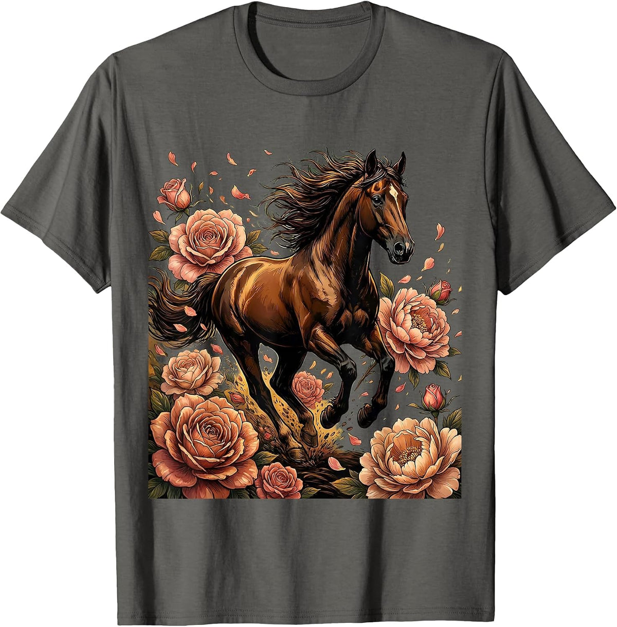 Floral Derby Galloping Horse Graphic Design T-Shirt - Asphalt Grey