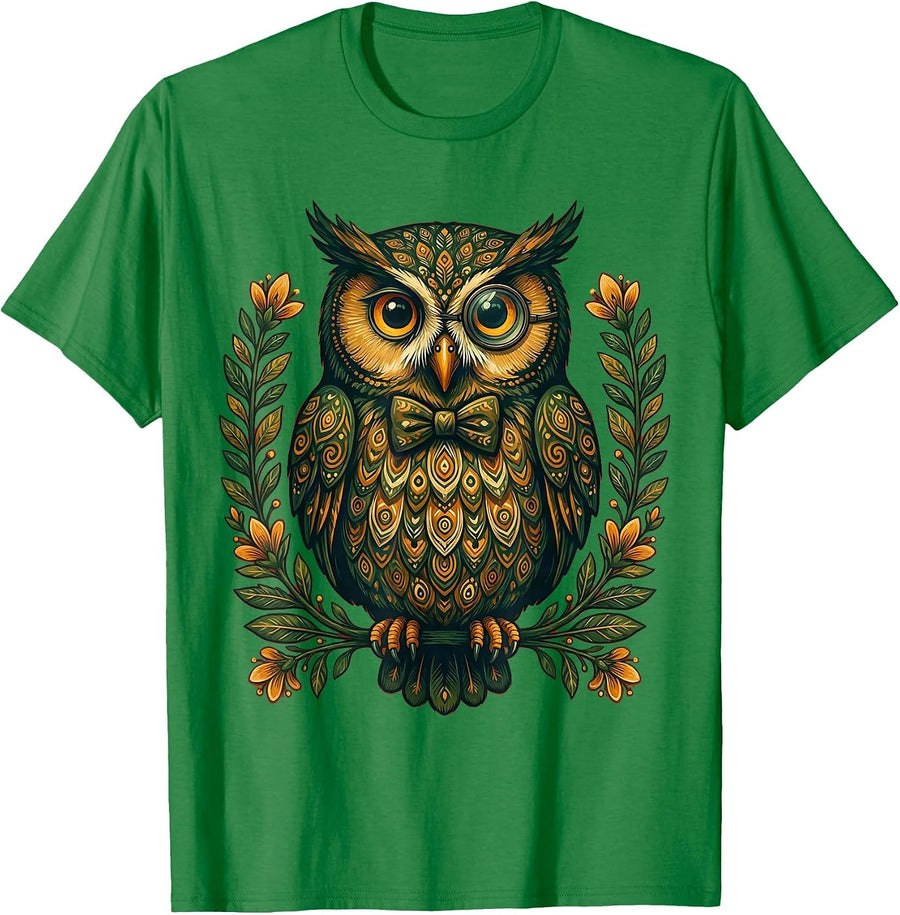 Men's Distinguished Owl in Bow Tie and Monocle T-Shirt - Kelly Green