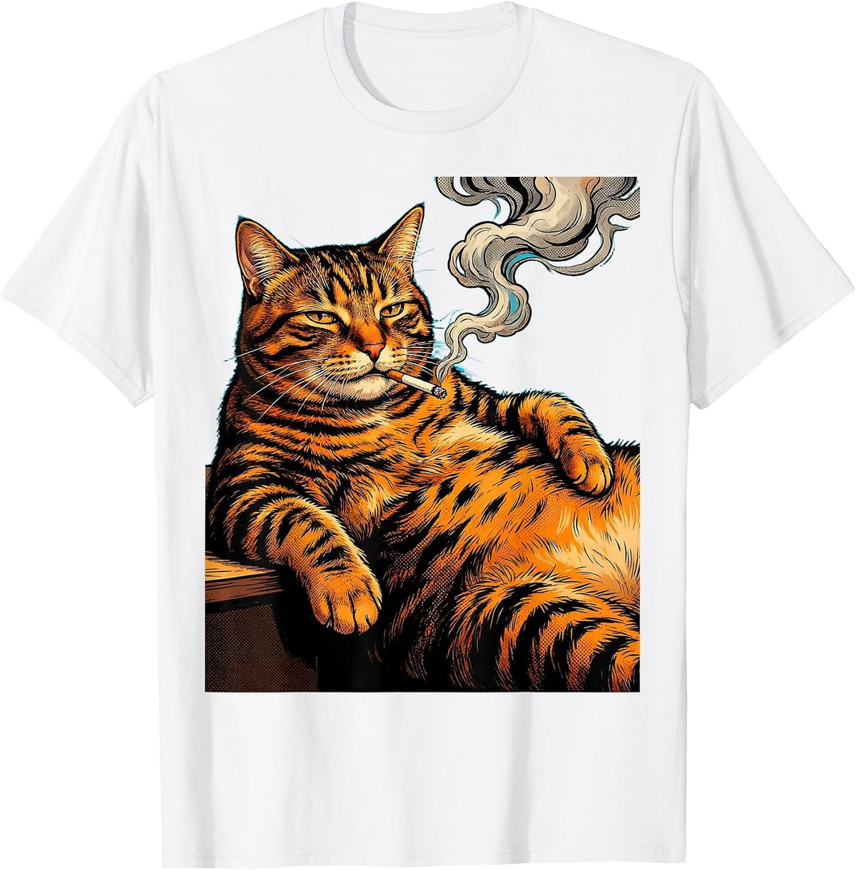 Men's Fat Tabby Cat Lounging With Cigarette Graphic T-Shirt - White