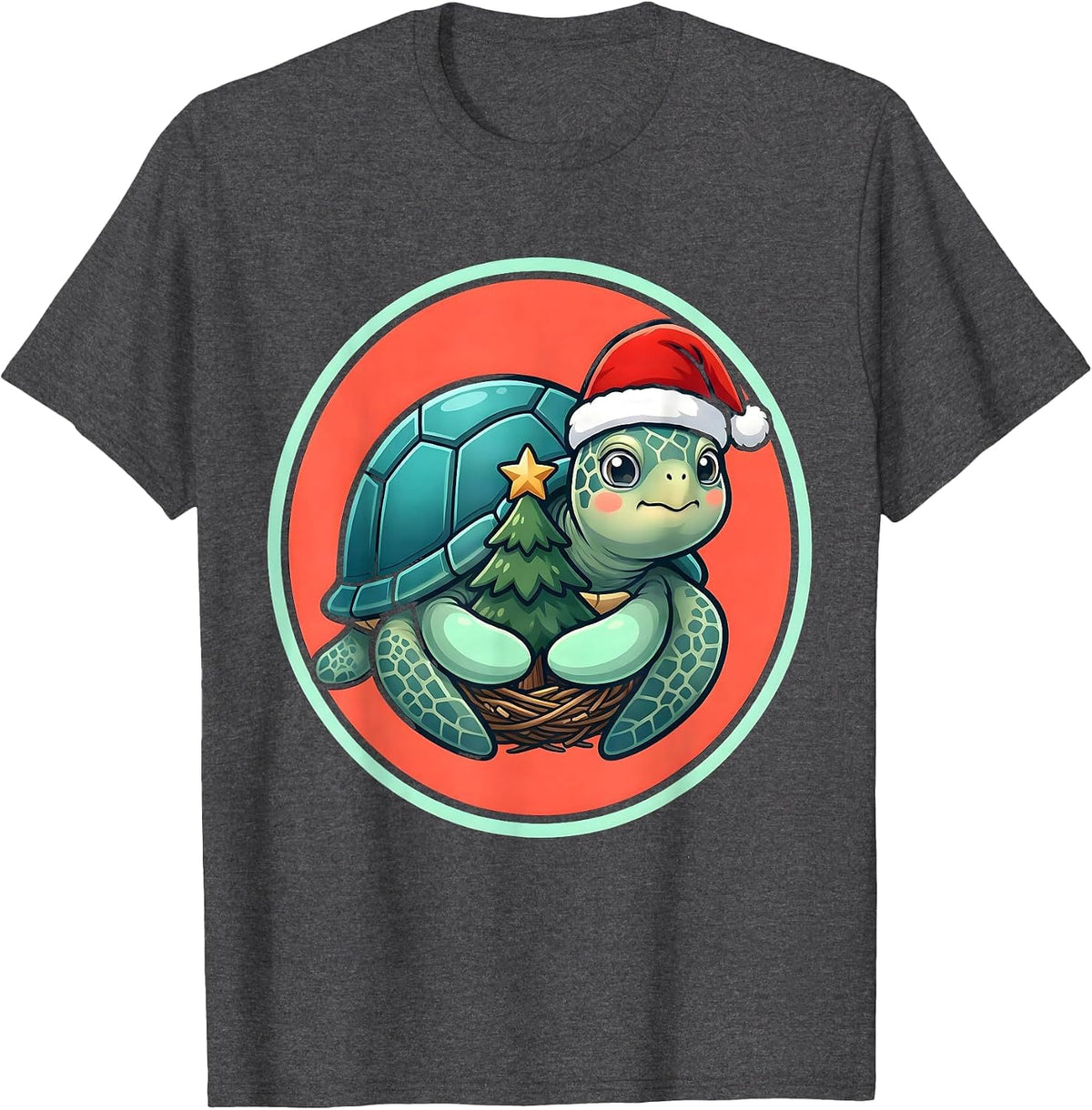 Men's Sea Turtle Santa Hat Cute Kawaii Christmas Novelty T-Shirt - Dark Heather Grey