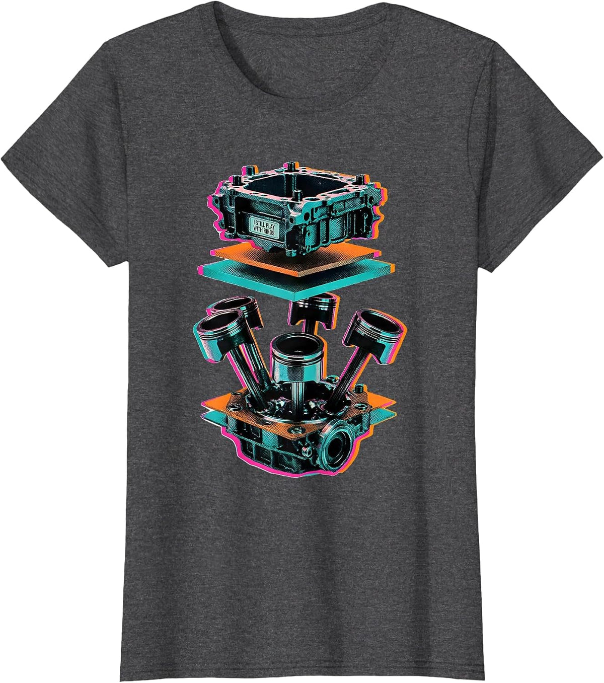 Women's I Still Play With Rings Risograph Mechanic Engine Block T-Shirt - Dark Heather Grey
