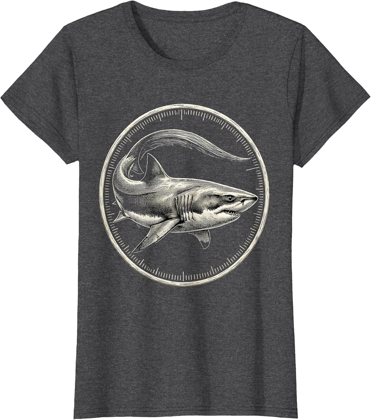 Women's Thresher Shark Engraved Badge Vintage Ocean Animal Humor T-Shirt - Dark Heather Grey