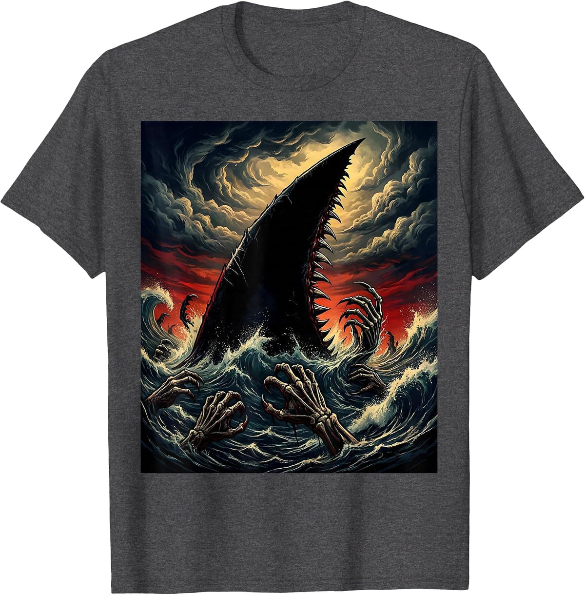 Men's Shark Dorsal Fin Stormy Sunset Illustration T-Shirt - Dark Heather Grey
