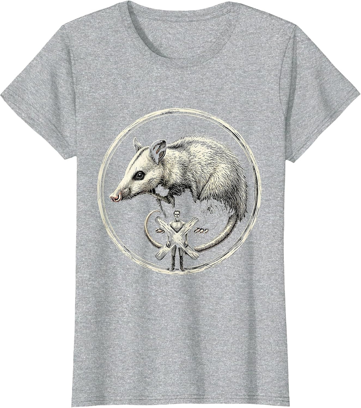 Sealed Opossum Badge Woodcut Engraving Animal Humor T-Shirt - Heather Grey