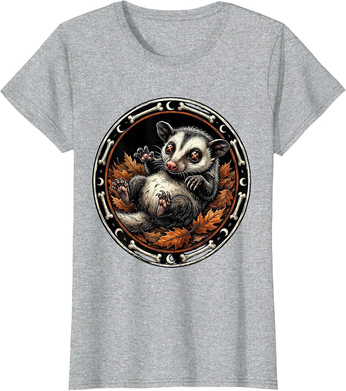 Opossum Playing Dead in Autumn Fallen Leaves T-Shirt - Heather Grey