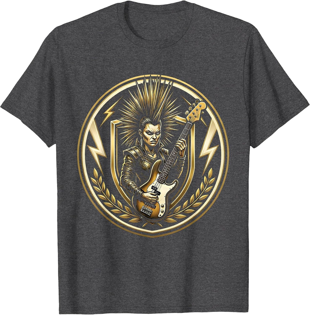 Fierce Mohawk Bass Guitar Rock Band Graphic T-Shirt - Dark Heather Grey