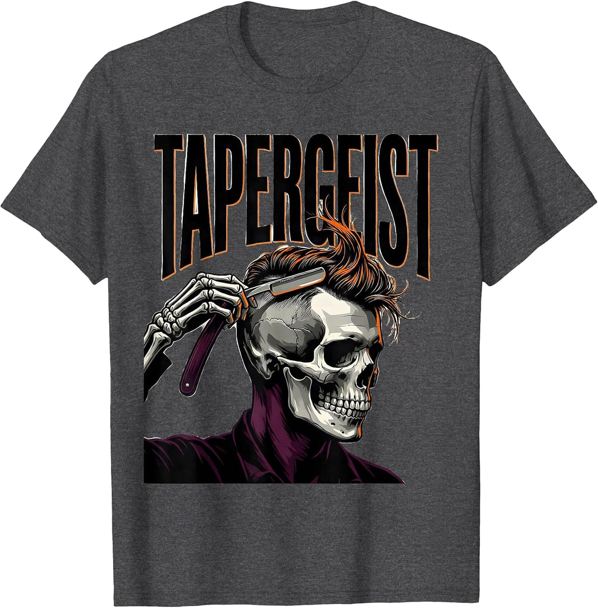 Tapergeist Skeleton Barber Halloween Hairstylist Humor T-Shirt - Dark Heather Grey