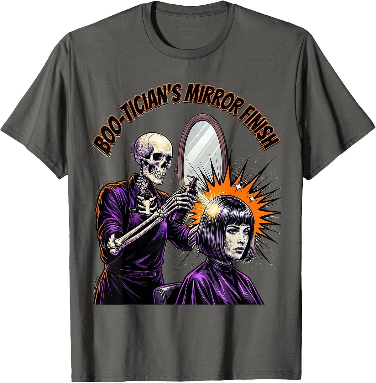 Boo-tician's Mirror Finish Comic Book Skeleton Hairdresser T-Shirt - Asphalt Grey