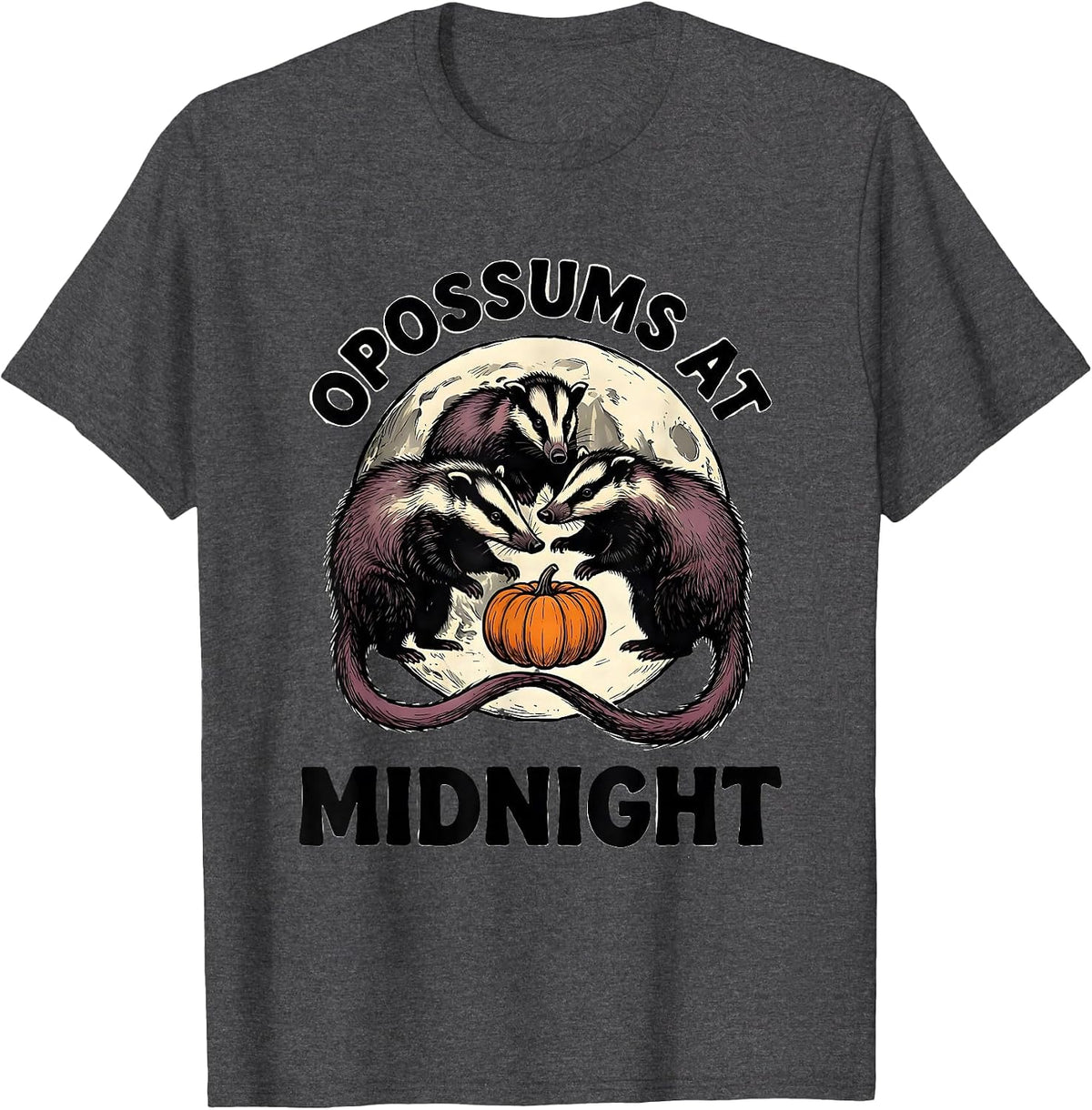 Opossums At Midnight Vintage Gothic Halloween Spooky Moon T-Shirt - Dark Heather Grey