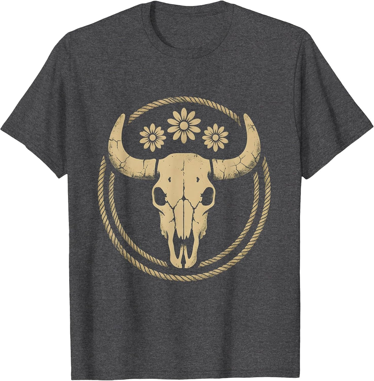 Cowgirl Roping Steer at Full Gallop Western Art T-Shirt - Dark Heather Grey