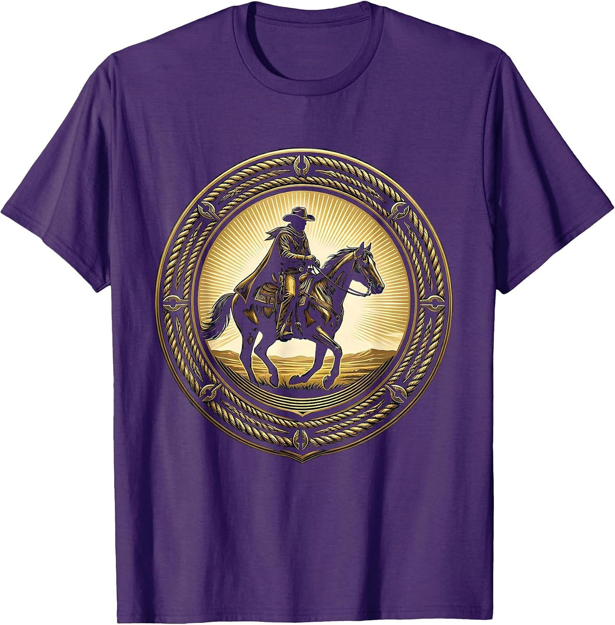 Men's Lone Cowboy Riding Horse at Sunset Western Art T-Shirt - Purple