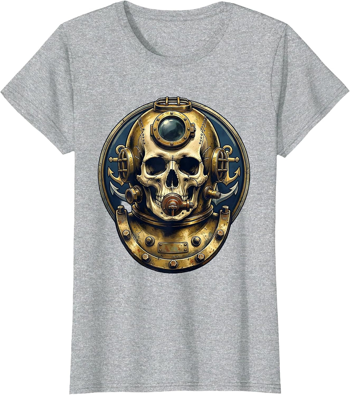 Women's Skull Diving Helmet Fusion Dark Art Design T-Shirt - Heather Grey