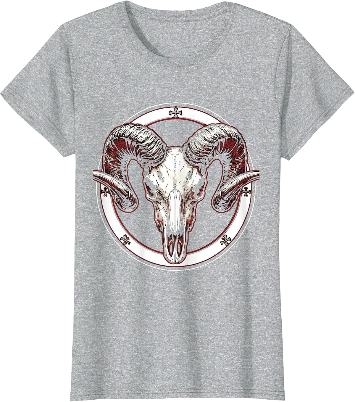 Ram Skull Curved Horns Metal Graphic Design T-Shirt - Heather Grey