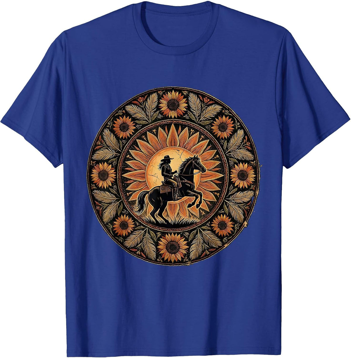Cowgirl Riding Horse at Sunset Western Design T-Shirt - Royal Blue