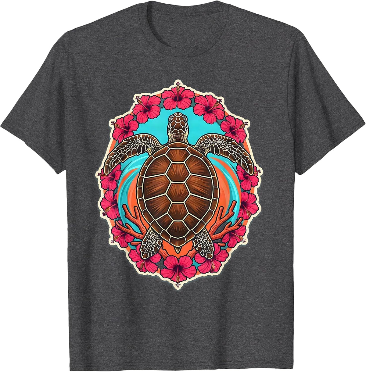 Men's Hawaii Sea Turtle Coral Reef Illustration T-Shirt - Dark Heather Grey
