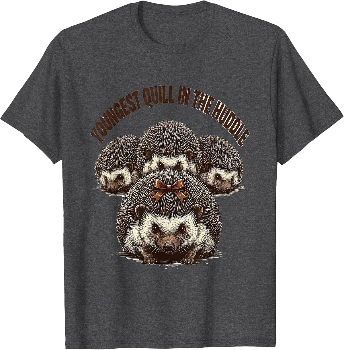 Men's Youngest Quill In The Huddle Cute Hedgehog Christmas Humor T-Shirt - Dark Heather Grey
