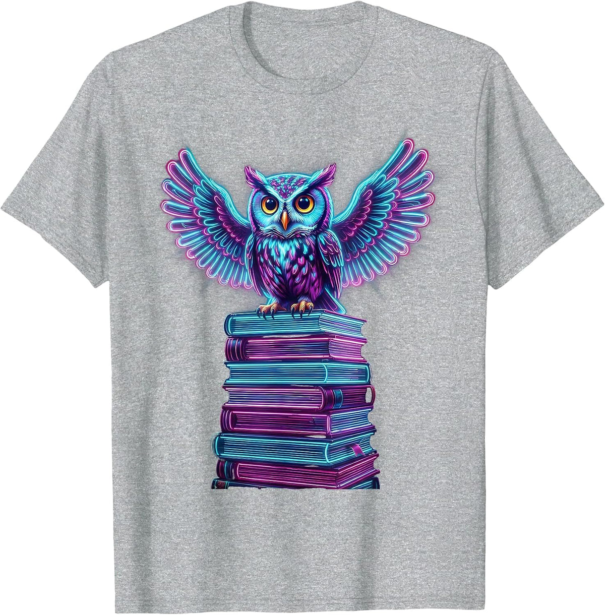 Men's Wise Owl Perched on Towering Stack of Books T-Shirt - Heather Grey