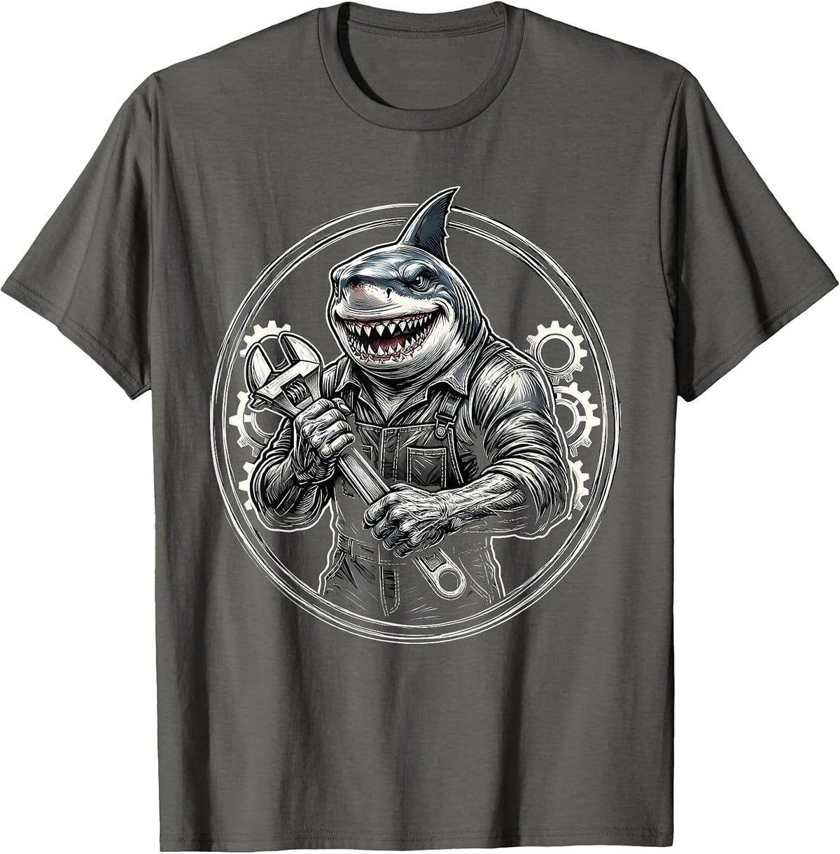 Mechanic Shark Holding Wrench Funny Ocean Art T-Shirt - Asphalt Grey