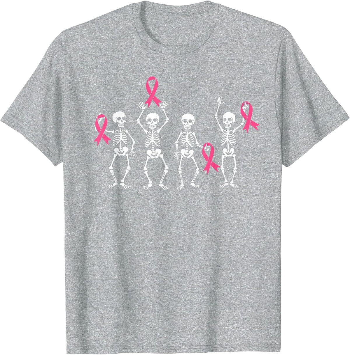 Skeletons Pink Ribbon Family Breast Cancer Awareness T-Shirt - Heather Grey