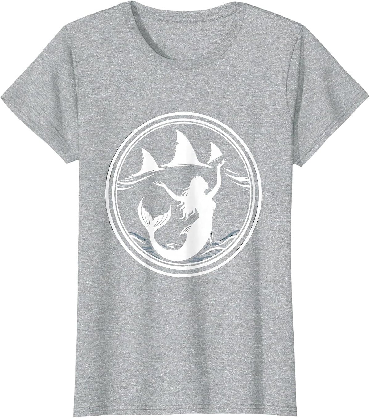 Mermaid with Circling Shark Fins Illustration T-Shirt - Heather Grey