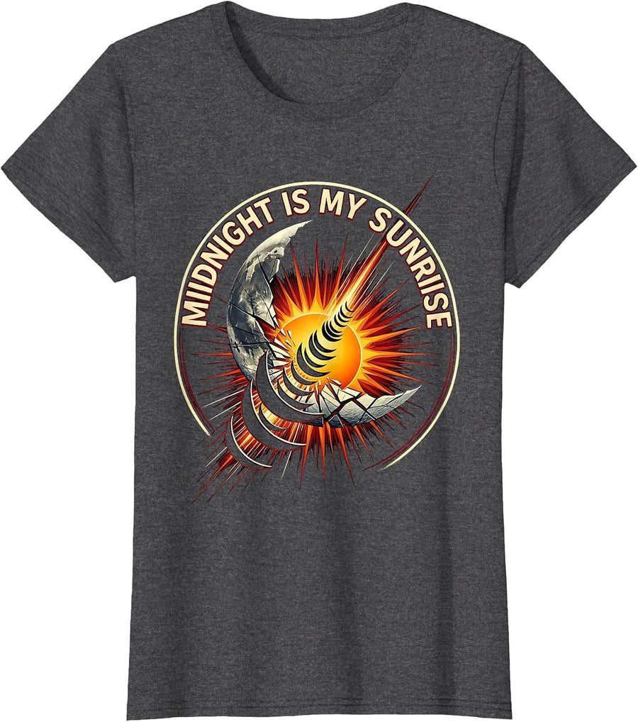 Women's Midnight Is My Sunrise Gothic Night Owl Design T-Shirt - Dark Heather Grey