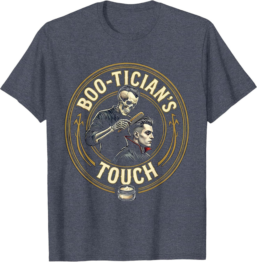 Boo-tician's Touch Skeleton Hairstylist Halloween Barber T-Shirt - Heather Blue
