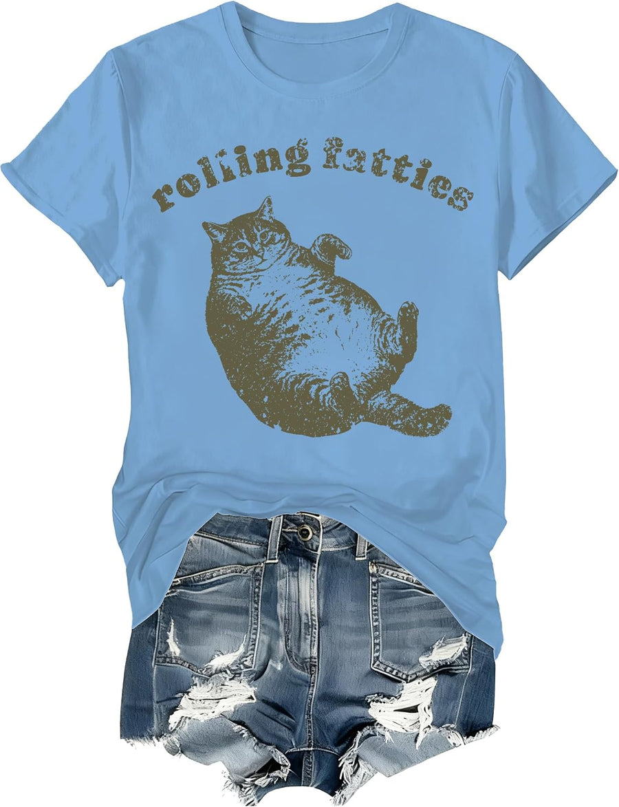 Rolling Fatties Cat T-Shirt, Funny Lazy Cat Graphic Tee, Cute Animal Lover Shirt for Men Women - Crewneck Carolina Blue