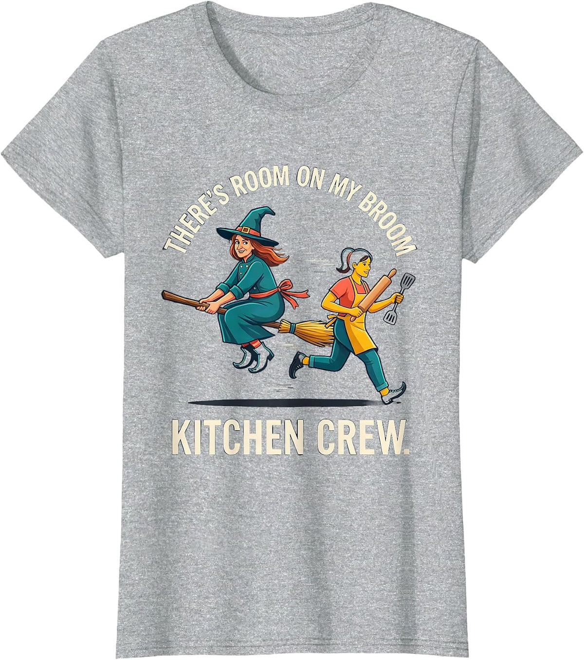 There's Room On My Broom Kitchen Crew Funny Halloween T-Shirt - Heather Grey