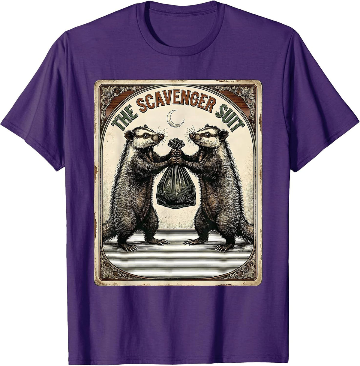 The Scavenger Suit Vintage Occult Tarot Card Opossum Humor T-Shirt - Purple