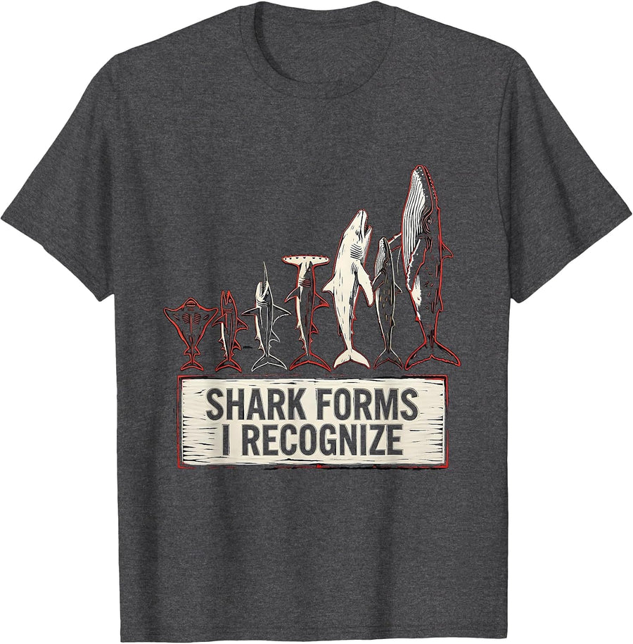 Men's Shark Forms I Recognize Linocut Marine Biology Ocean T-Shirt - Dark Heather Grey