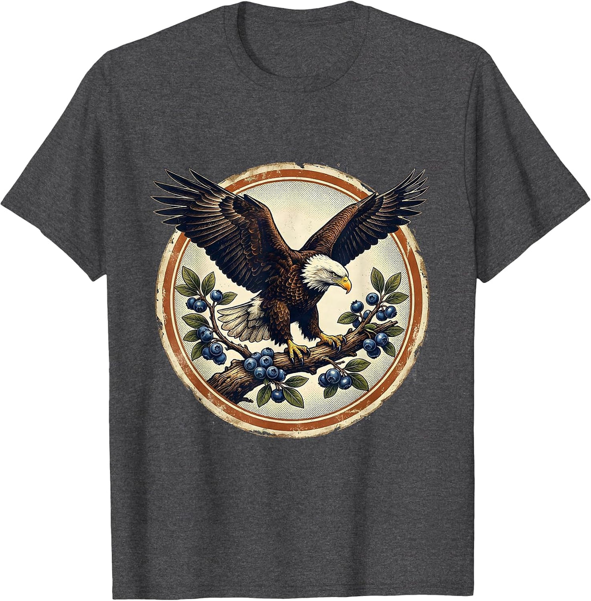 Men's Eagle and Blueberry Branch Patriotic Illustration T-Shirt - Dark Heather Grey