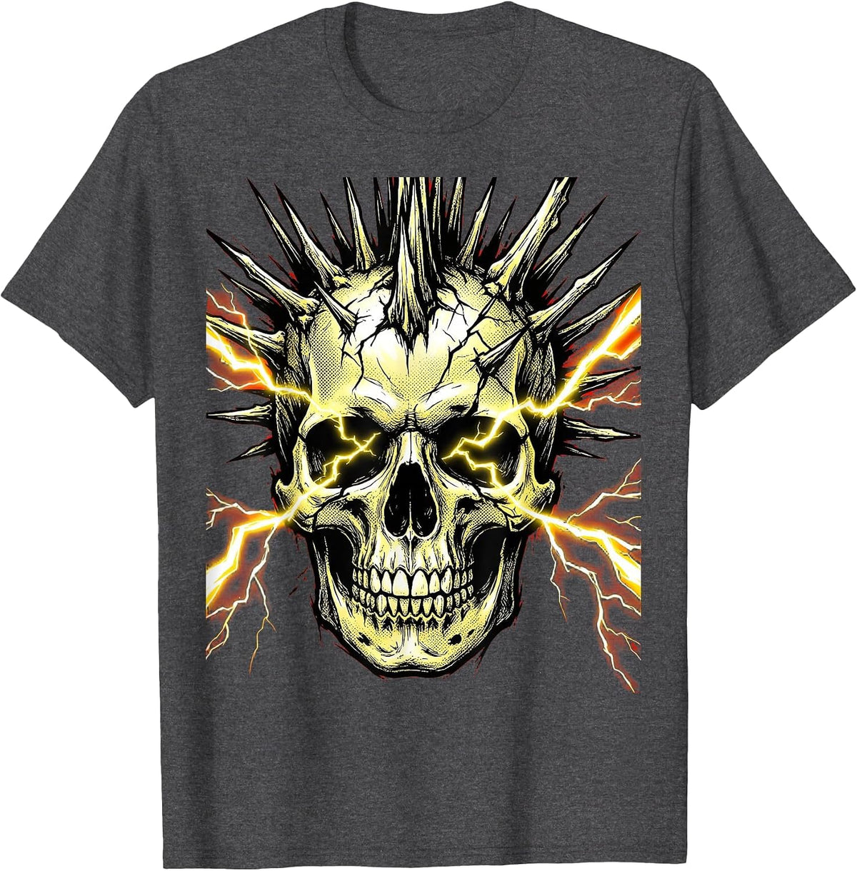 Mohawk Skull Lightning Bolt Eyes Punk Rock Art T-Shirt - Dark Heather Grey