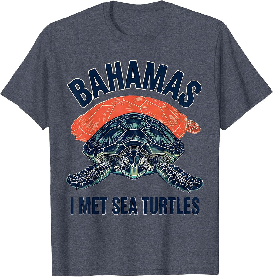 BAHAMAS I MET SEA TURTLES Linocut Tropical Souvenir Turtle T-Shirt - Heather Blue