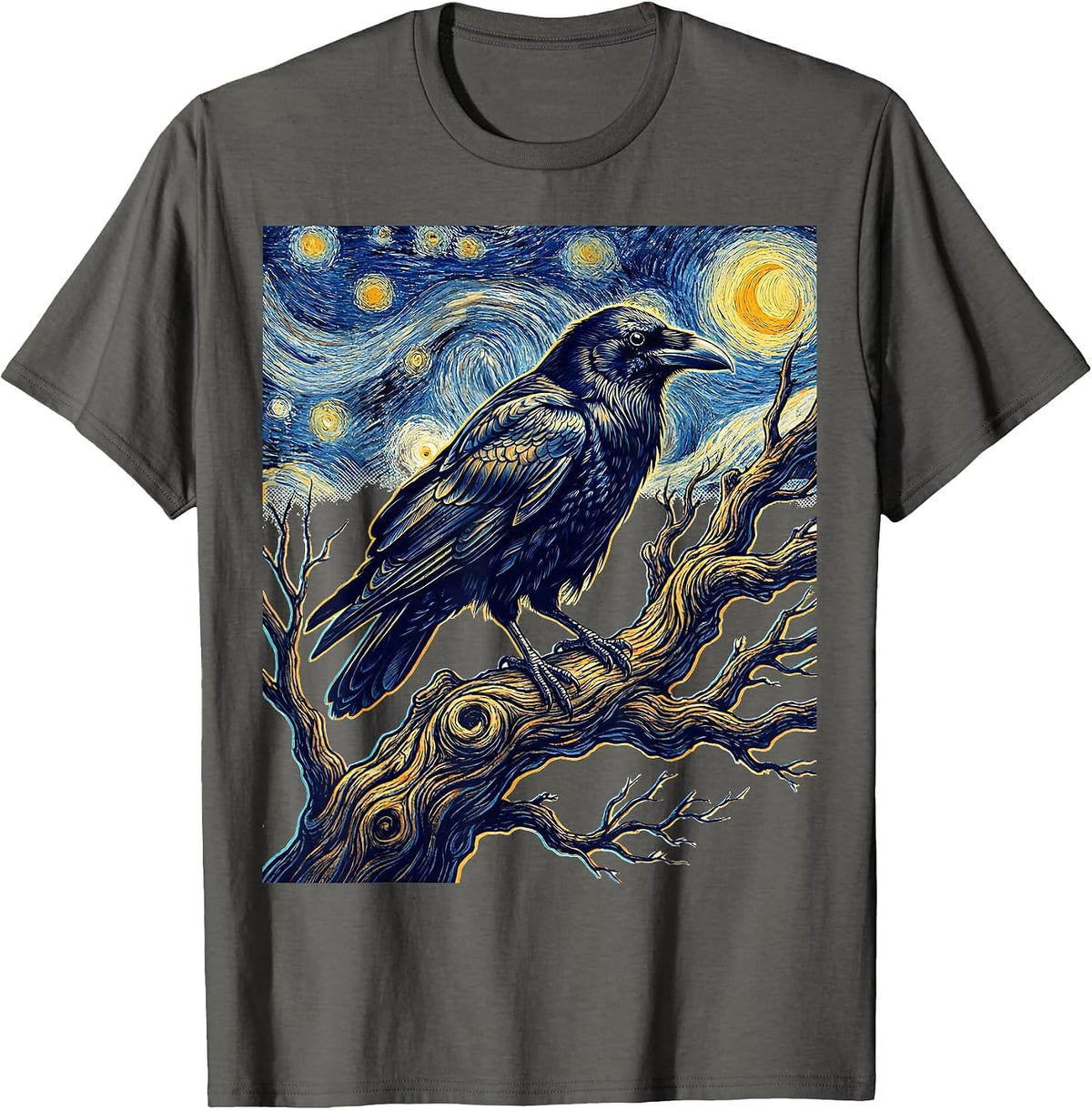 Van Gogh Raven on Winter Branch Graphic T-Shirt - Asphalt Grey