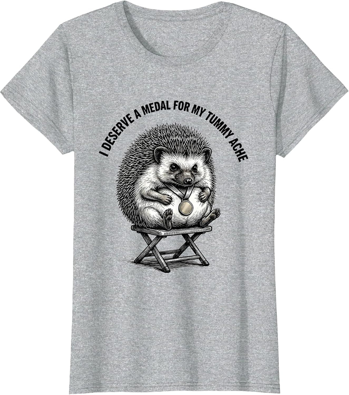 I Deserve A Medal For My Tummy Ache Funny Hedgehog Meme T-Shirt - Heather Grey