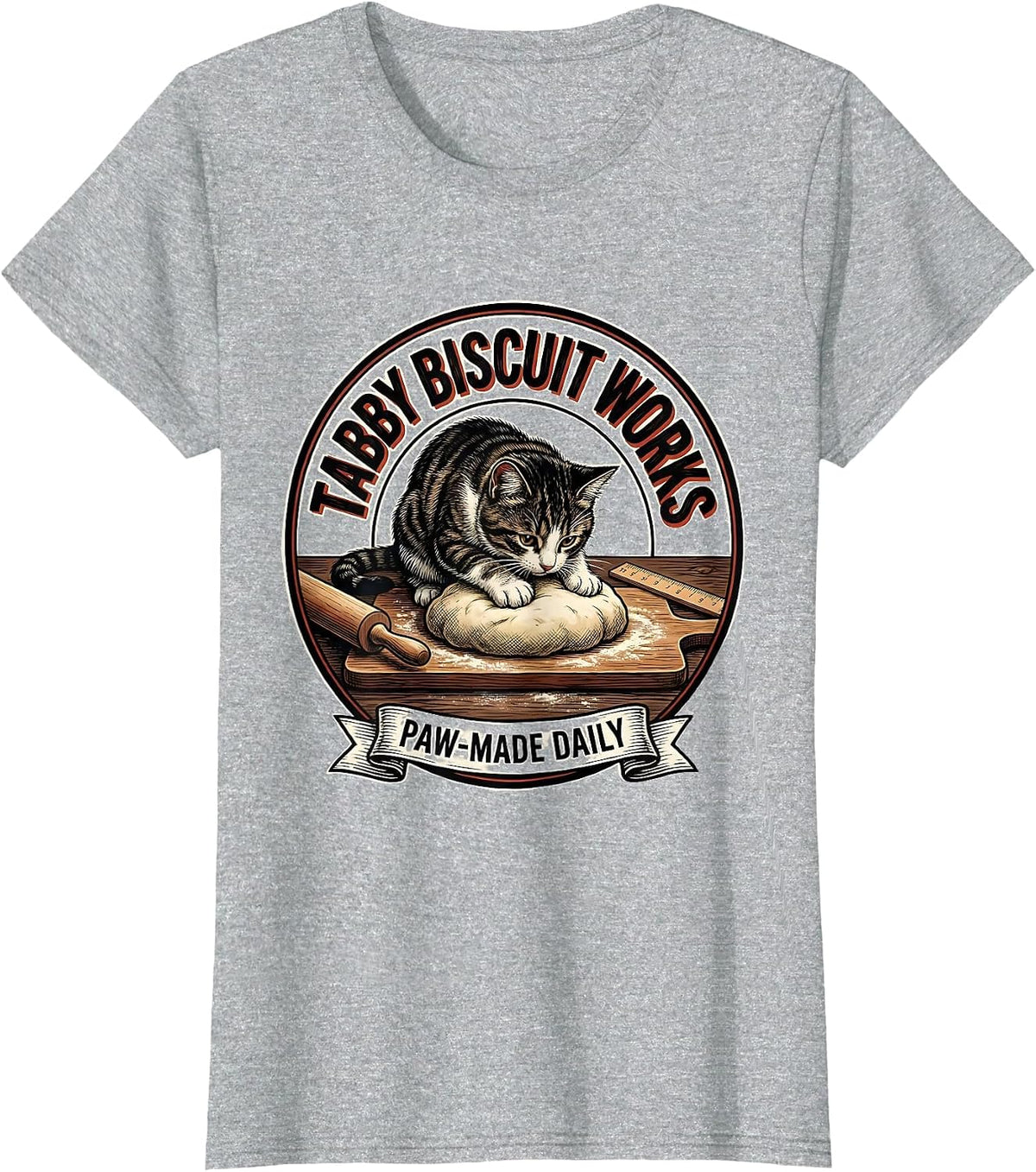 Tabby Biscuit Works Paw-Made Daily Funny Cat Lover Baking T-Shirt - Heather Grey