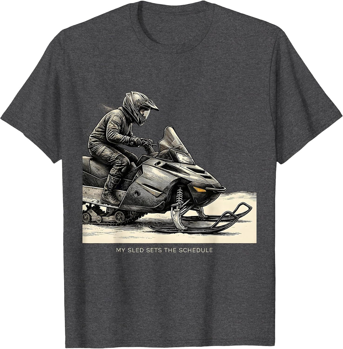 Men's My Sled Sets The Schedule Funny Snowmobile Rider Winter T-Shirt - Dark Heather Grey