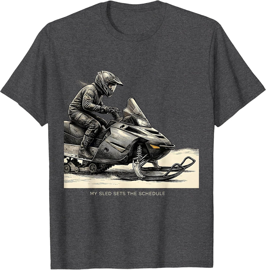 Men's My Sled Sets The Schedule Funny Snowmobile Rider Winter T-Shirt - Dark Heather Grey