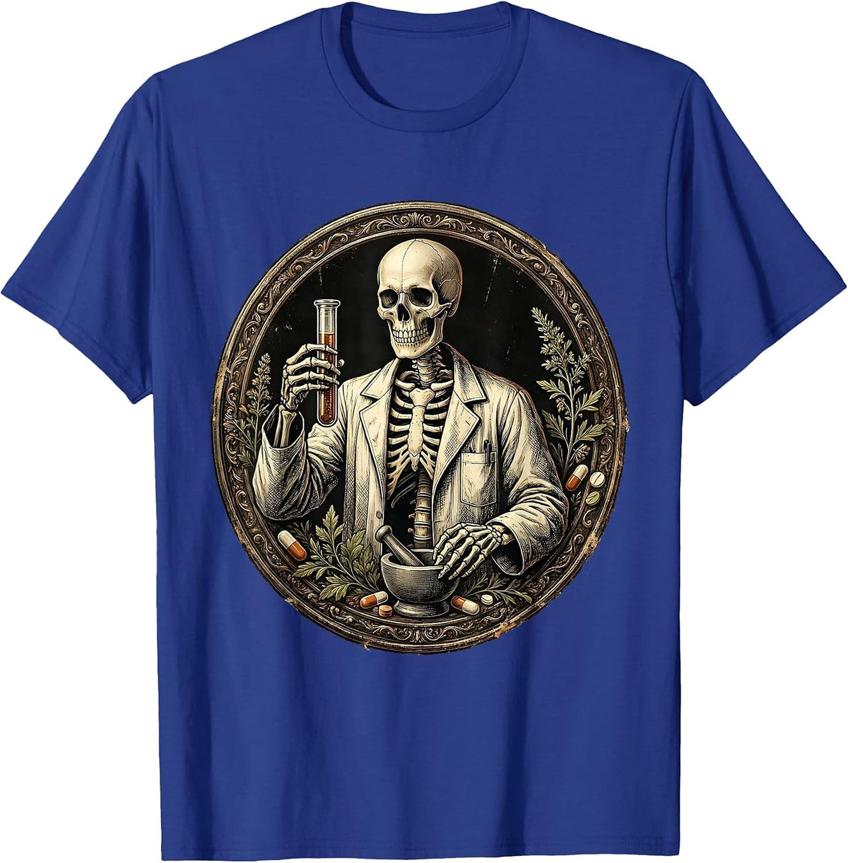 Skeleton Pharmacy Technician Lab Coat Medicine Vial T-Shirt - Royal Blue