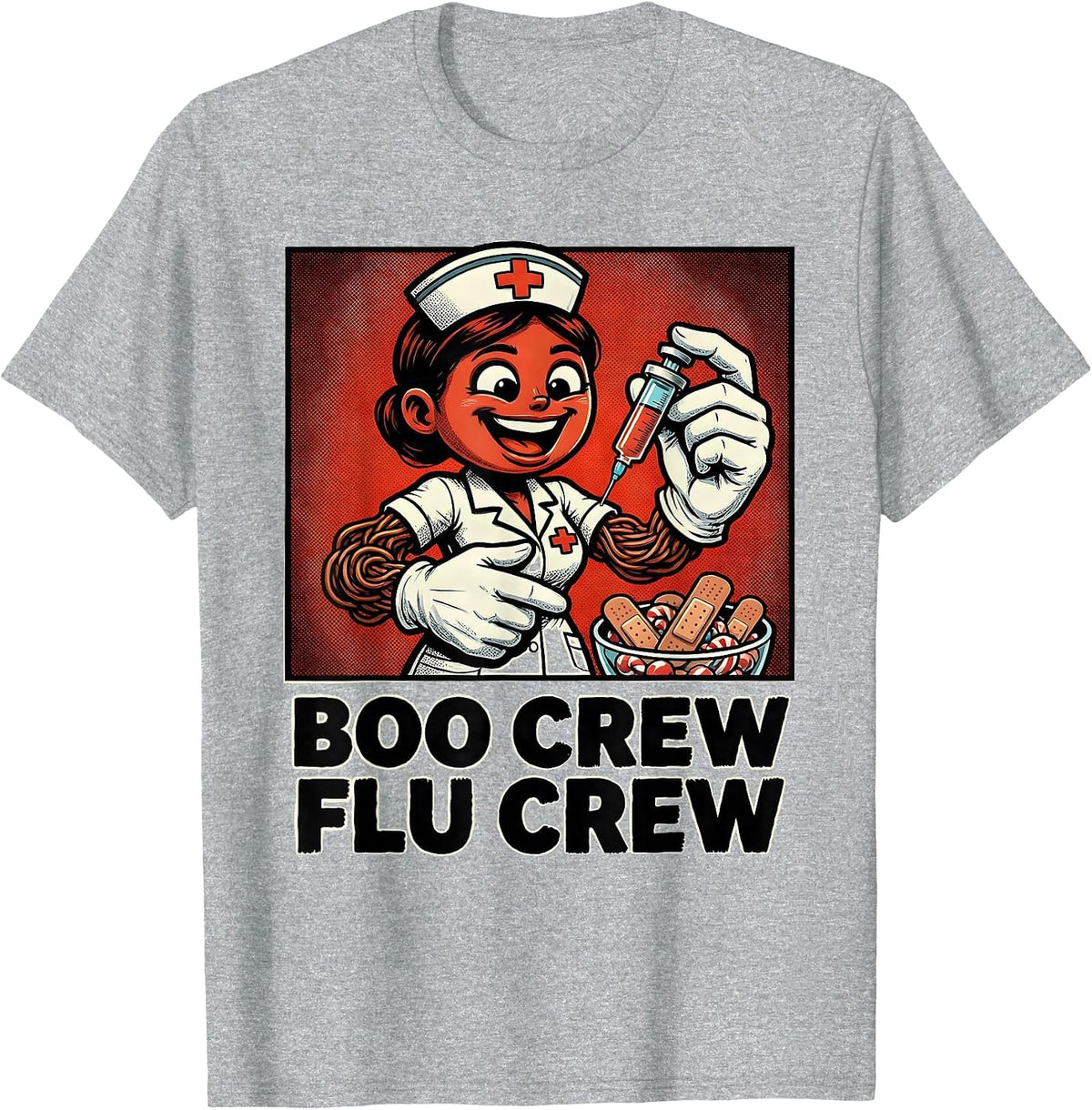 Men's Boo Crew Flu Crew Retro Cartoon Nurse Vaccine Humor T-Shirt - Heather Grey