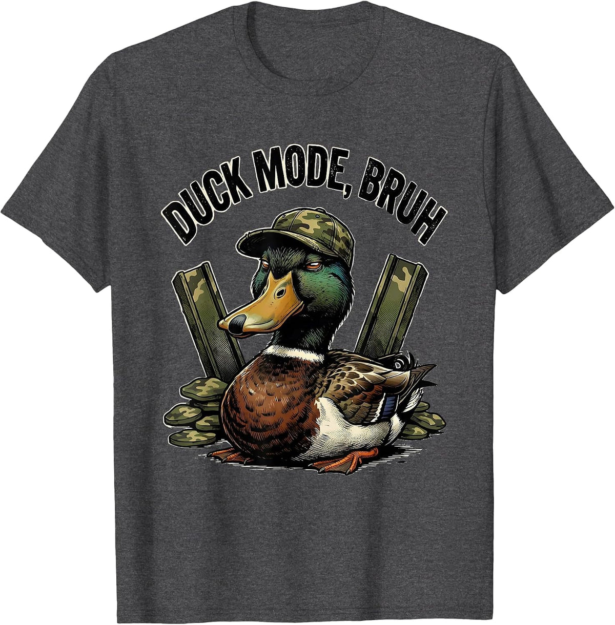 Men's Duck Mode, Bruh Distressed Camo Duck Lover Outdoor Humor T-Shirt - Dark Heather Grey